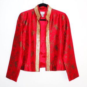 Chico's Pure Silk Red Open Front Gold Sequin Jacket
